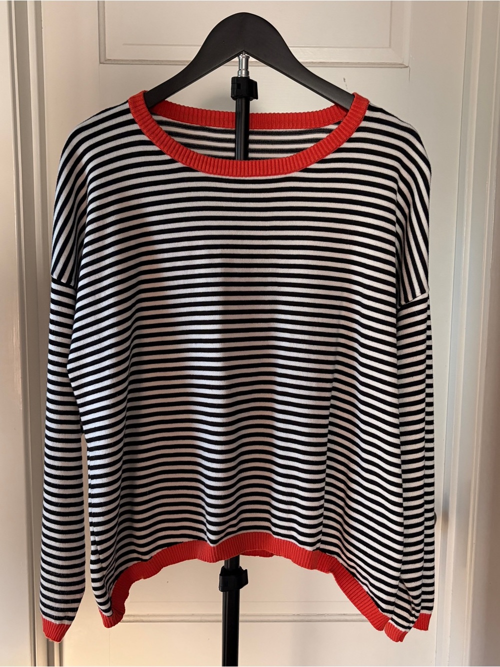 Striped Black & White Sweater with Dark Orange Trim
